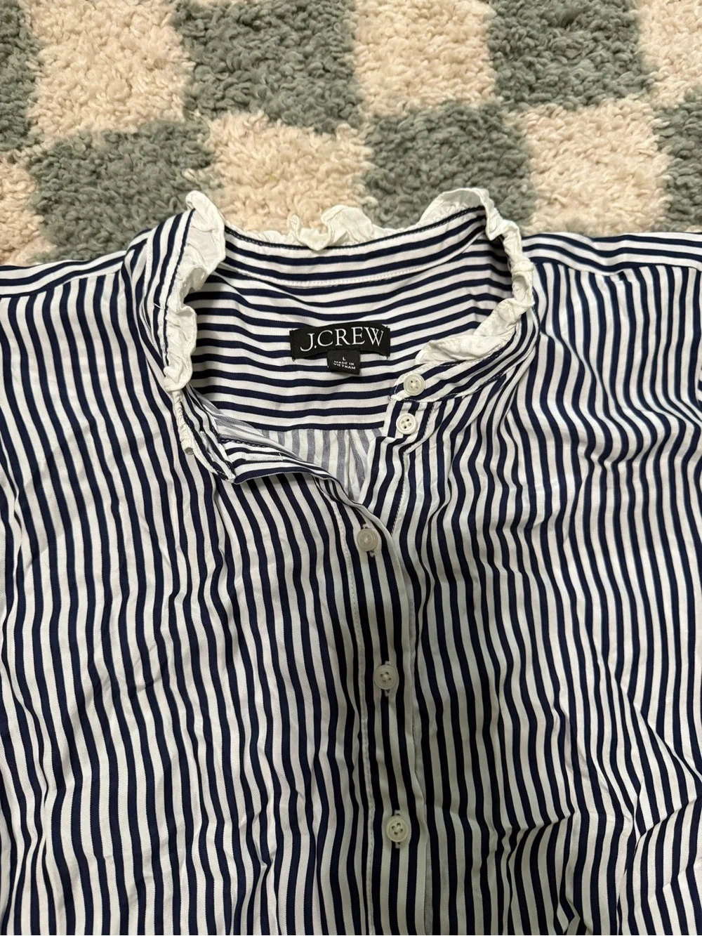 J. Crew Women’s Navy and White Vertical Stripe Button Down Shirt Ruffle Trim Lg